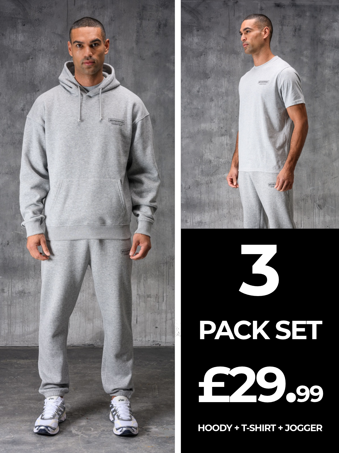 ESSENTIALS HOODY TEE & JOGGER SET - GREY MARL