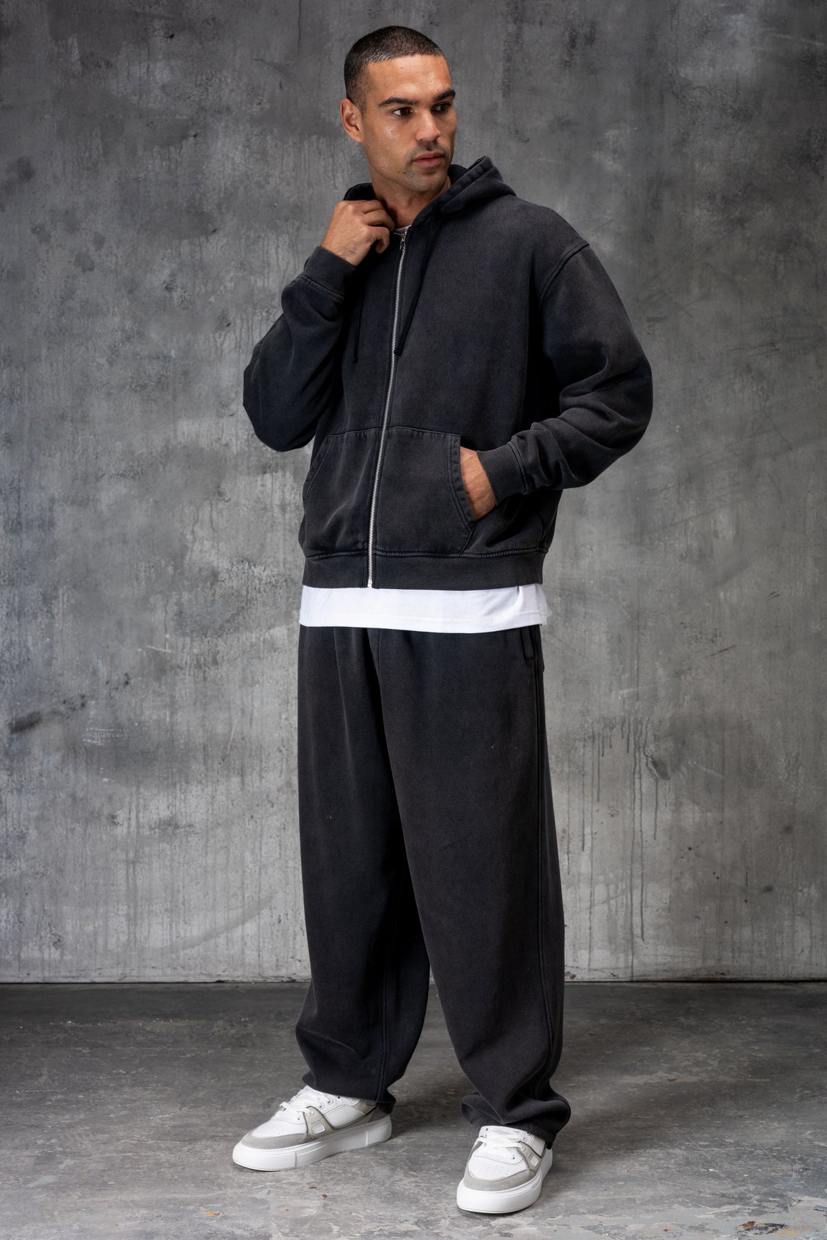 PREMIUM NERO FULL ZIP TRACKSUIT - ACID WASHED BLACK