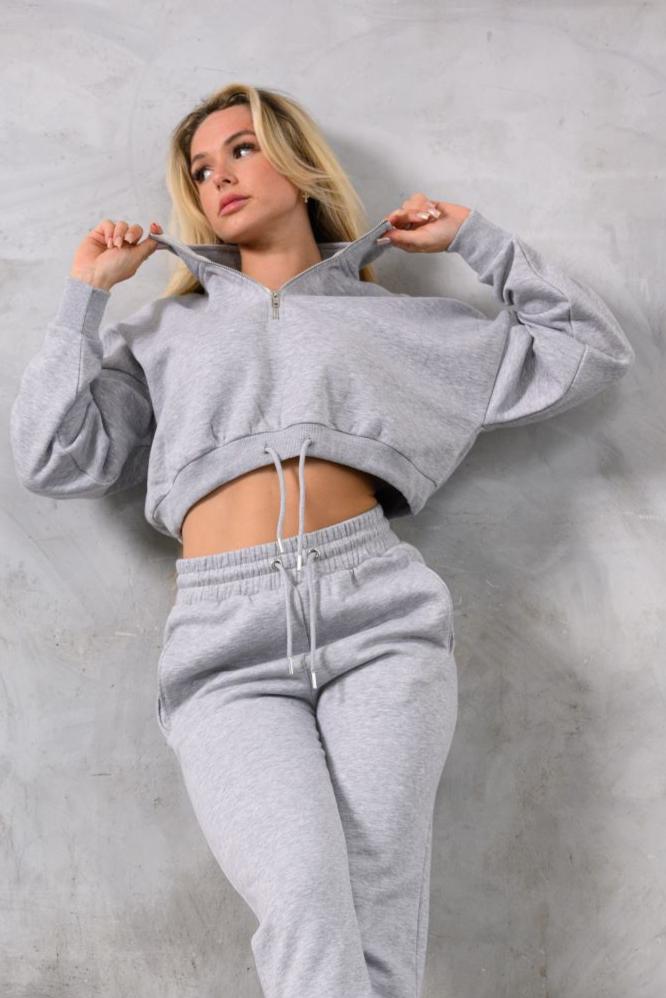 COCO 1/4 ZIP CROP - GREY MARL