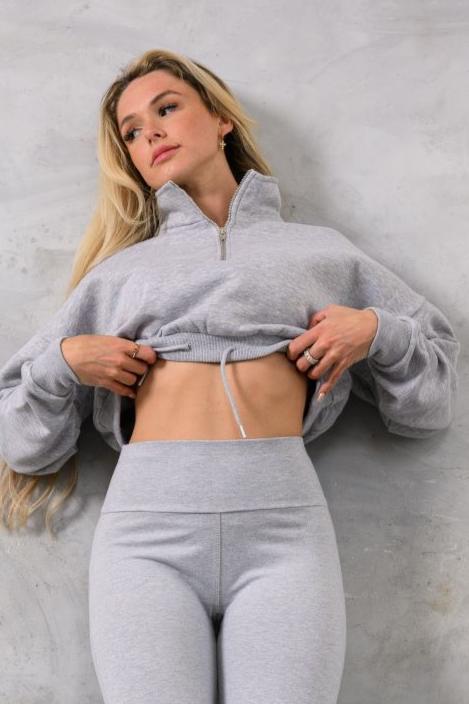 COCO 1/4 ZIP CROP - GREY MARL