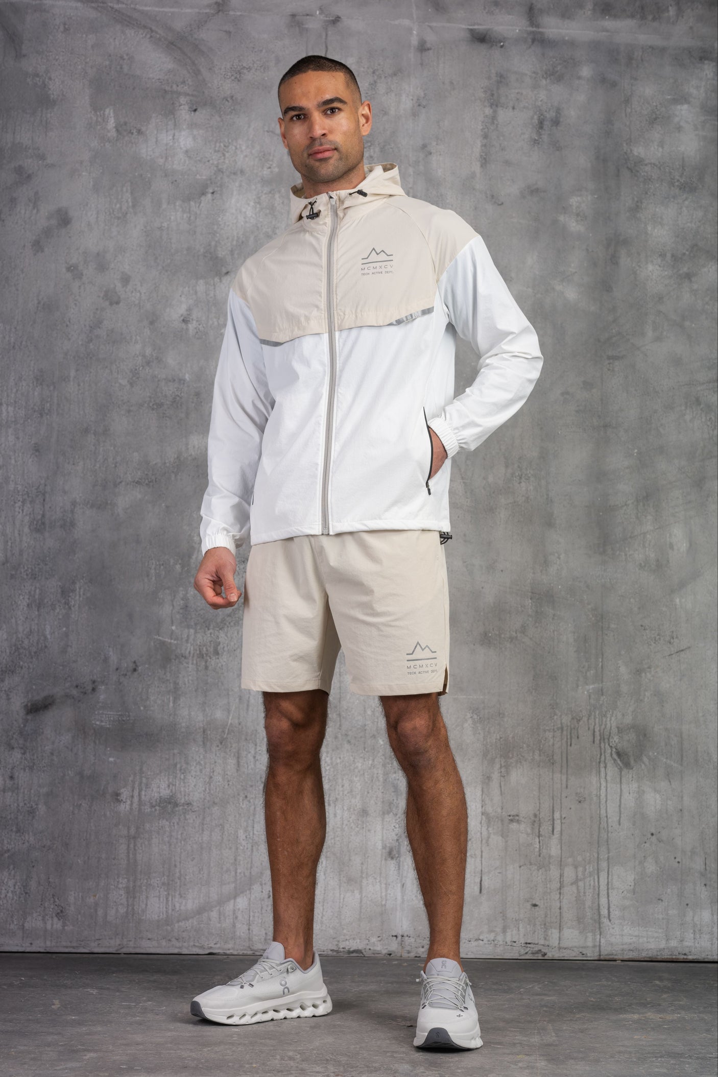 SOLAR WINDBREAKER JACKET & SHORT SET- STONE/OFF WHITE