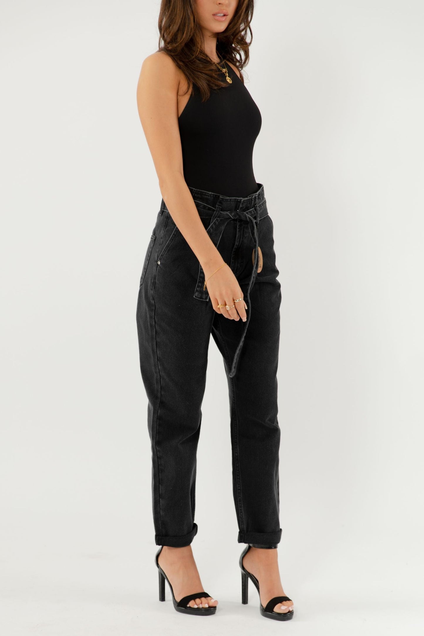 EMILY Paper Bag Waist Jeans - Washed Black